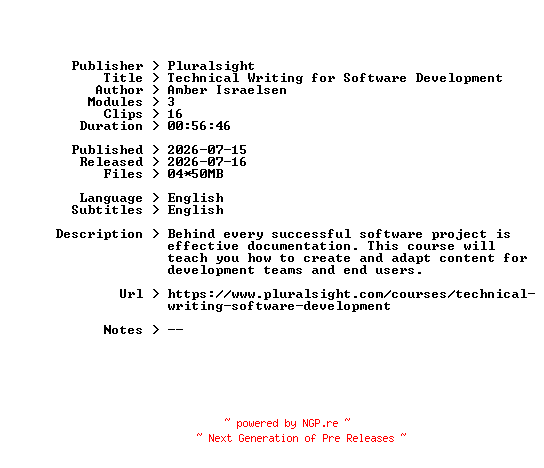 NFO for the release Pluralsight.Technical.Writing.for.Software.Development.2026.BOOKWARE-GETH by GETH