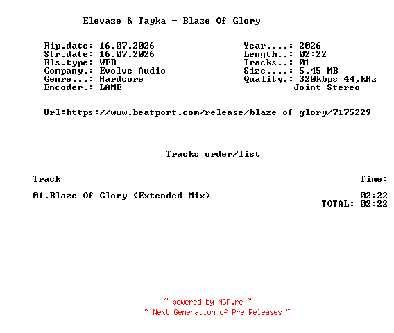 NFO for the release Elevaze_And_Tayka_-_Blaze_Of_Glory-(EVAU015E)-SINGLE-WEB-2026-FMC by FMC