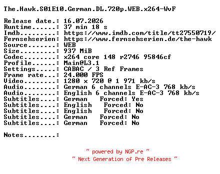 NFO for the release The.Hawk.S01E10.German.DL.720p.WEB.x264-WvF by WvF