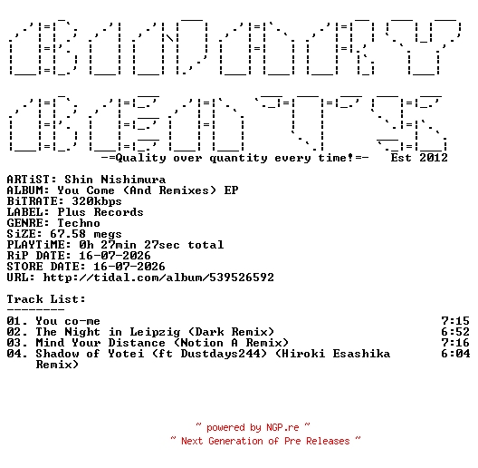 NFO for the release Shin_Nishimura-You_Come_(And_Remixes)_EP-(PRDI116)-WEB-2026-BB by BB