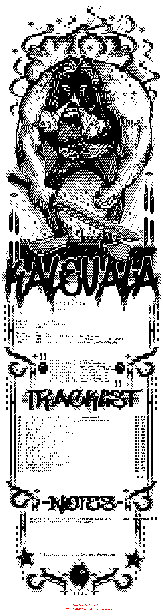 NFO for the release Huojuva_lato-Valtimon_Seiska-REPACK-WEB-FI-2018-KALEVALA by KALEVALA