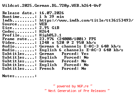 NFO for the release Wildcat.2025.German.DL.720p.WEB.h264-WvF by WvF