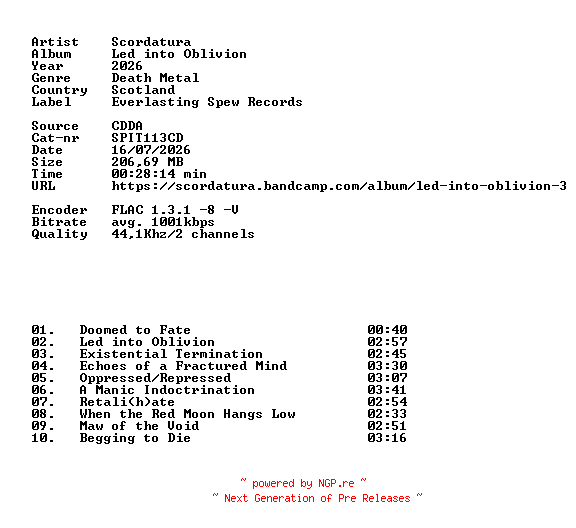 NFO for the release Scordatura-Led_into_Oblivion-(SPIT113CD)-CD-FLAC-2026-86D by 86D