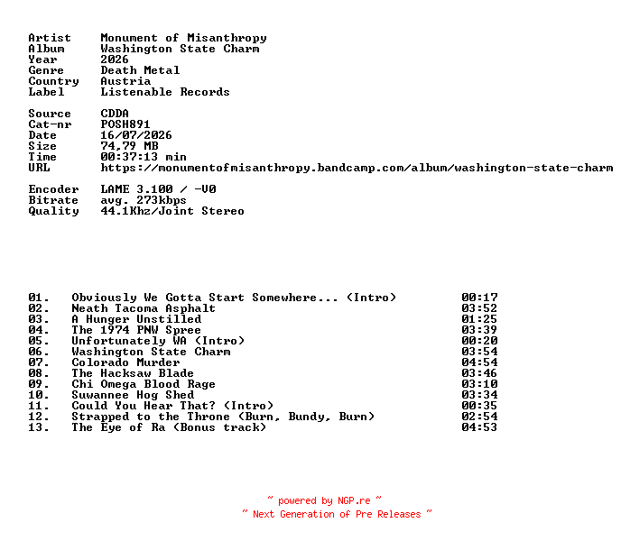 NFO for the release Monument_of_Misanthropy-Washington_State_Charm-CD-2026-DiTCH by DiTCH