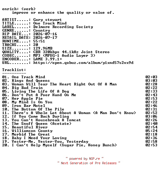 NFO for the release Gary_stewart-One_Track_Mind-WEB-2026-ENRiCH by ENRiCH