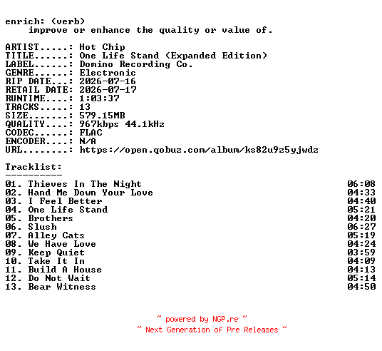 NFO for the release Hot_Chip-One_Life_Stand_(Expanded_Edition)-24BIT-WEB-FLAC-2026-ENRiCH by ENRiCH