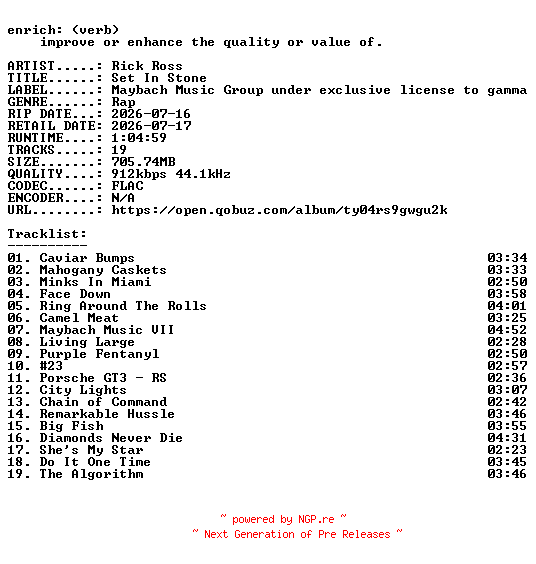 NFO for the release Rick_Ross-Set_In_Stone-24BIT-WEB-FLAC-2026-ENRiCH by ENRiCH