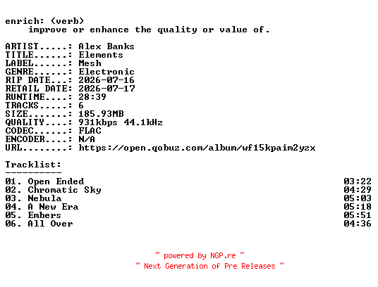 NFO for the release Alex_Banks-Elements-16BIT-WEB-FLAC-2026-ENRiCH by ENRiCH