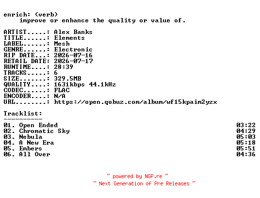NFO for the release Alex_Banks-Elements-24BIT-WEB-FLAC-2026-ENRiCH by ENRiCH