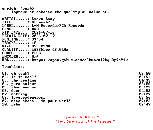 NFO for the release Steve_Lacy-Oh_yeah-24BIT-WEB-FLAC-2026-ENRiCH by ENRiCH