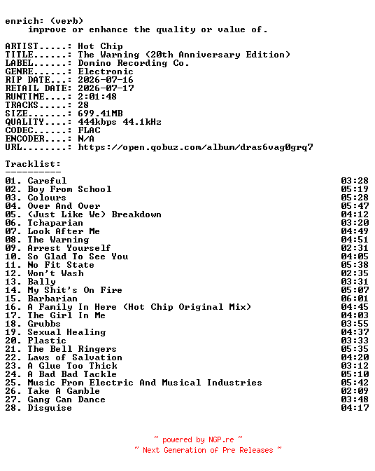 NFO for the release Hot_Chip-The_Warning_(20th_Anniversary_Edition)-16BIT-WEB-FLAC-2026-ENRiCH by ENRiCH