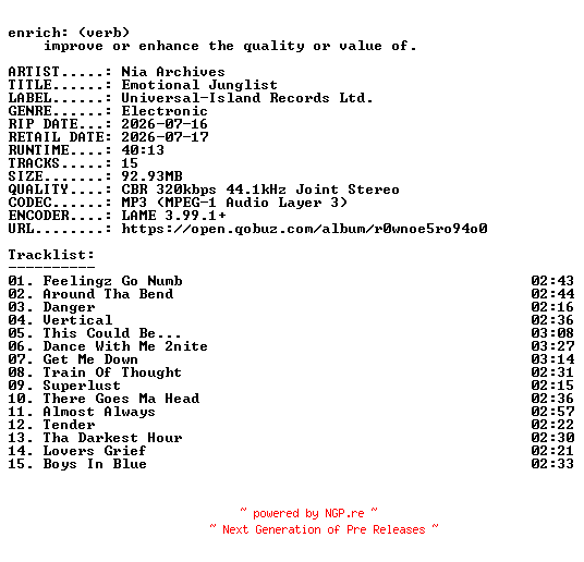 NFO for the release Nia_Archives-Emotional_Junglist-WEB-2026-ENRiCH by ENRiCH