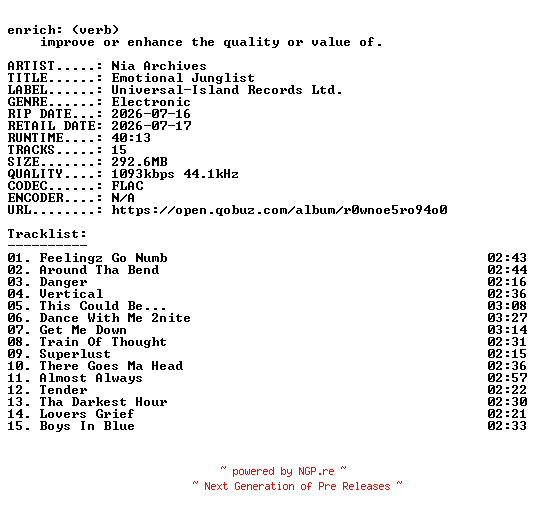 NFO for the release Nia_Archives-Emotional_Junglist-16BIT-WEB-FLAC-2026-ENRiCH by ENRiCH