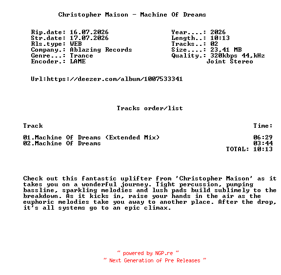 NFO for the release Christopher_Maison_-_Machine_Of_Dreams-(ABL352)-WEB-2026-FMC by FMC
