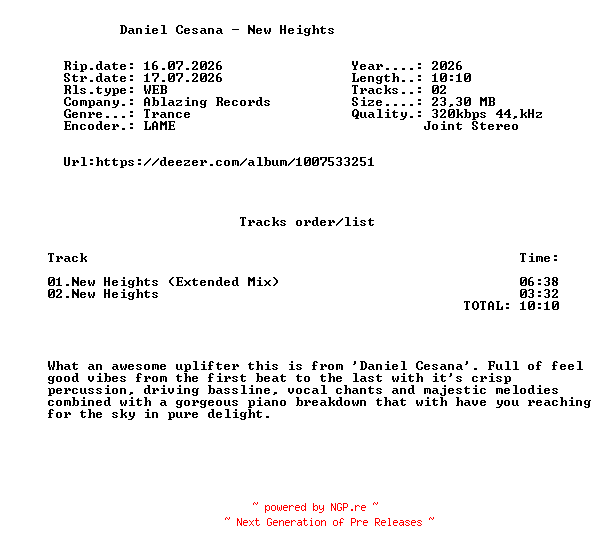 NFO for the release Daniel_Cesana_-_New_Heights-(ABL351)-WEB-2026-FMC by FMC