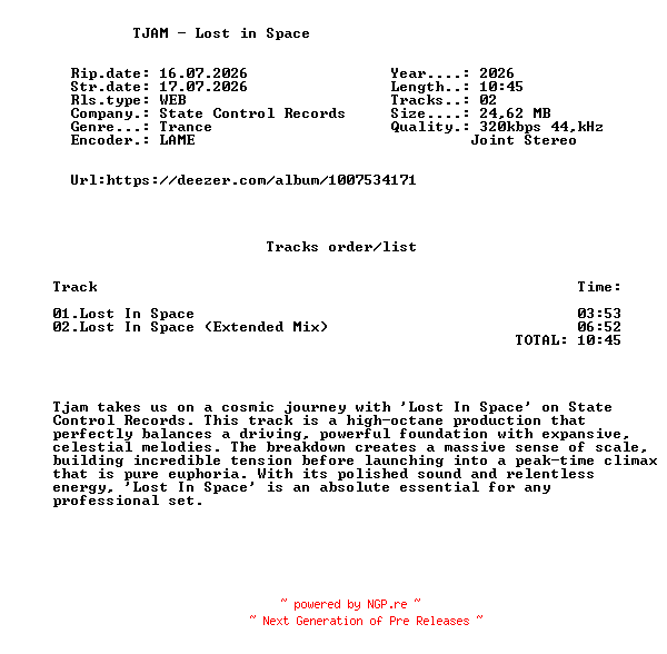 NFO for the release TJAM_-_Lost_In_Space-(SCR751)-WEB-2026-FMC by FMC