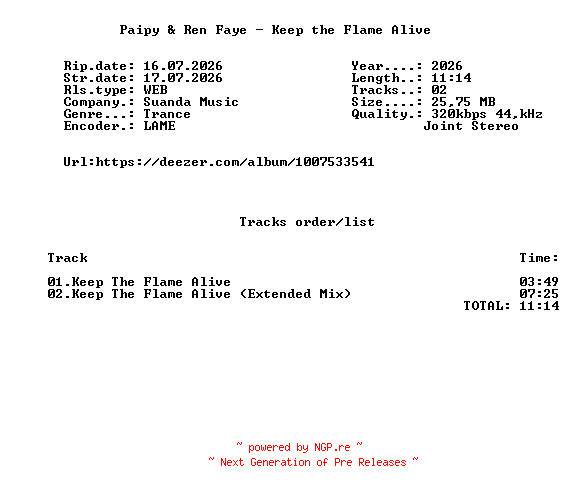 NFO for the release Paipy_And_Ren_Faye_-_Keep_The_Flame_Alive-(SND572)-WEB-2026-FMC by FMC