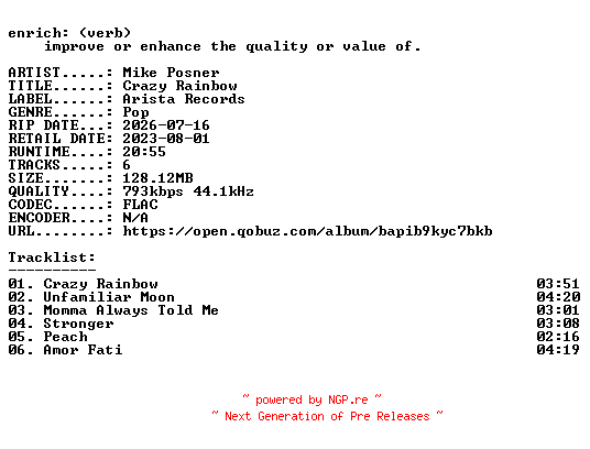 NFO for the release Mike_Posner-Crazy_Rainbow-EP-16BIT-WEB-FLAC-2026-ENRiCH by ENRiCH