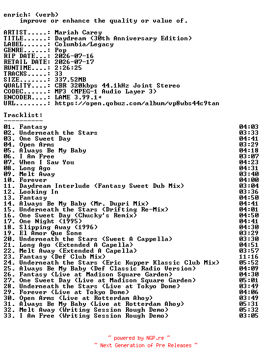 NFO for the release Mariah_Carey-Daydream_(30th_Anniversary_Edition)-WEB-2026-ENRiCH by ENRiCH