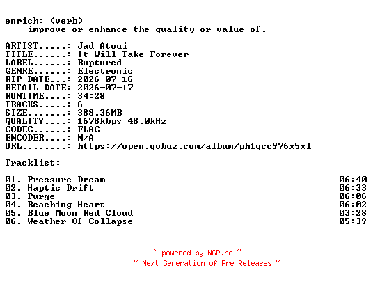 NFO for the release Jad_Atoui-It_Will_Take_Forever-24BIT-WEB-FLAC-2026-ENRiCH by ENRiCH