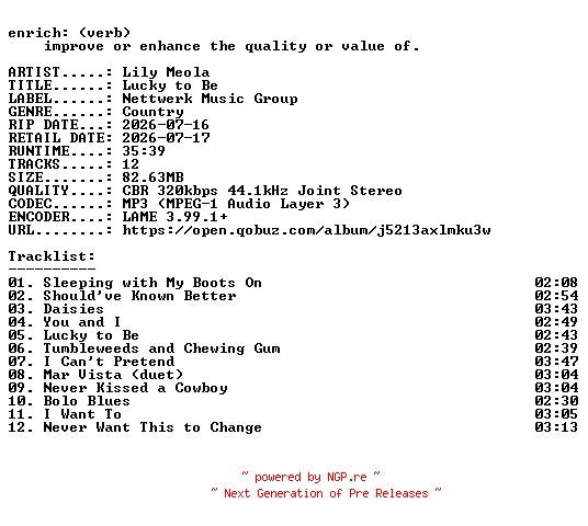 NFO for the release Lily_Meola-Lucky_to_Be-WEB-2026-ENRiCH by ENRiCH