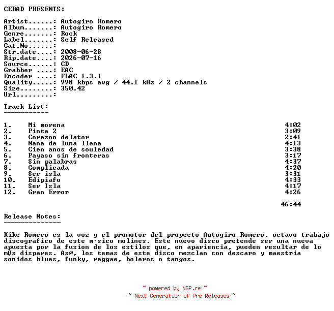 NFO for the release Autogiro_Romero-Autogiro_Romero-ES-CD-FLAC-2008-CEBAD by CEBAD
