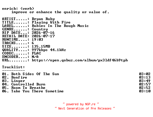 NFO for the release Bryan_Ruby-Playing_With_Fire-EP-16BIT-WEB-FLAC-2026-ENRiCH by ENRiCH
