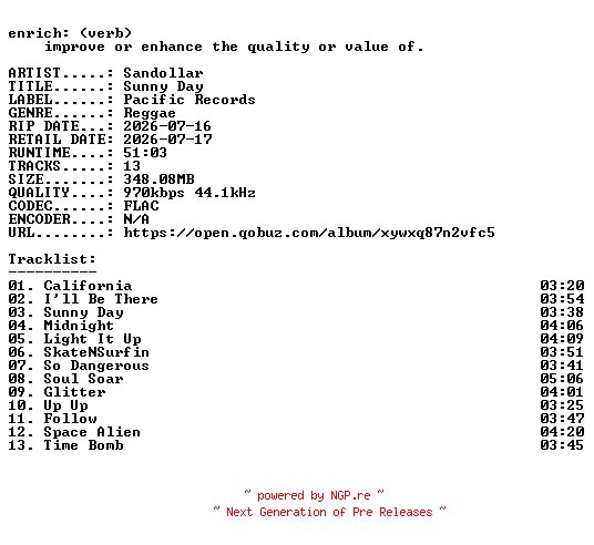 NFO for the release Sandollar-Sunny_Day-16BIT-WEB-FLAC-2026-ENRiCH by ENRiCH