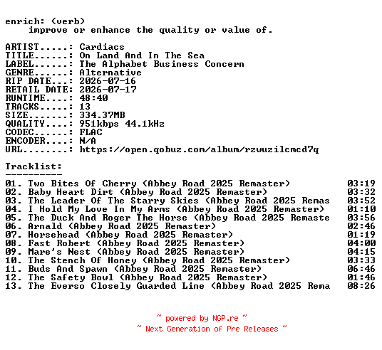 NFO for the release Cardiacs-On_Land_And_In_The_Sea-REMASTERED-16BIT-WEB-FLAC-2026-ENRiCH by ENRiCH