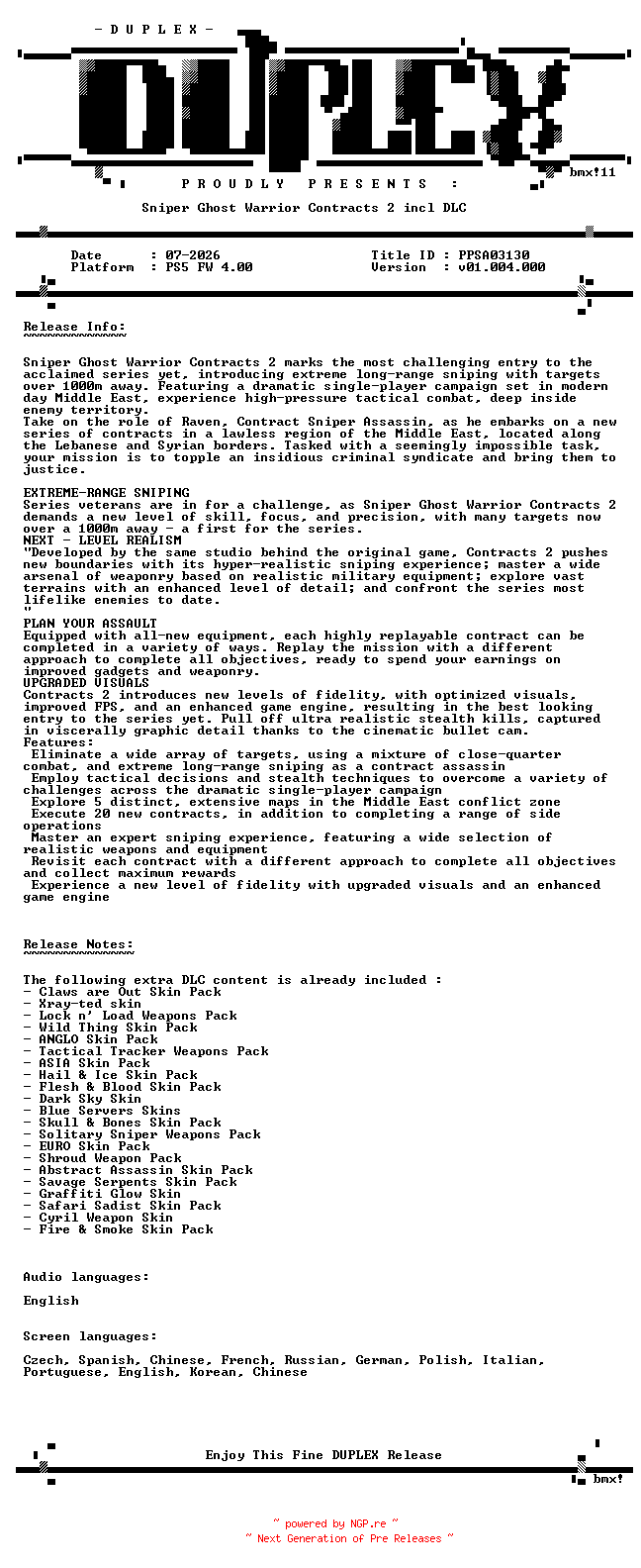 NFO for the release Sniper.Ghost.Warrior.Contracts.2.incl.DLC.PS5-DUPLEX by DUPLEX