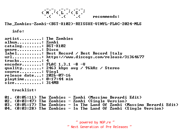 NFO for the release The_Zombies-Zombi-(BST-X102)-REISSUE-VINYL-FLAC-2024-MLS by MLS