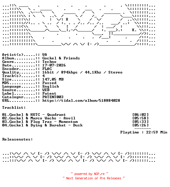 NFO for the release VA-Gockel_And_Friends-PATENT003-16BIT-WEB-FLAC-2026-WAVED by WAVED