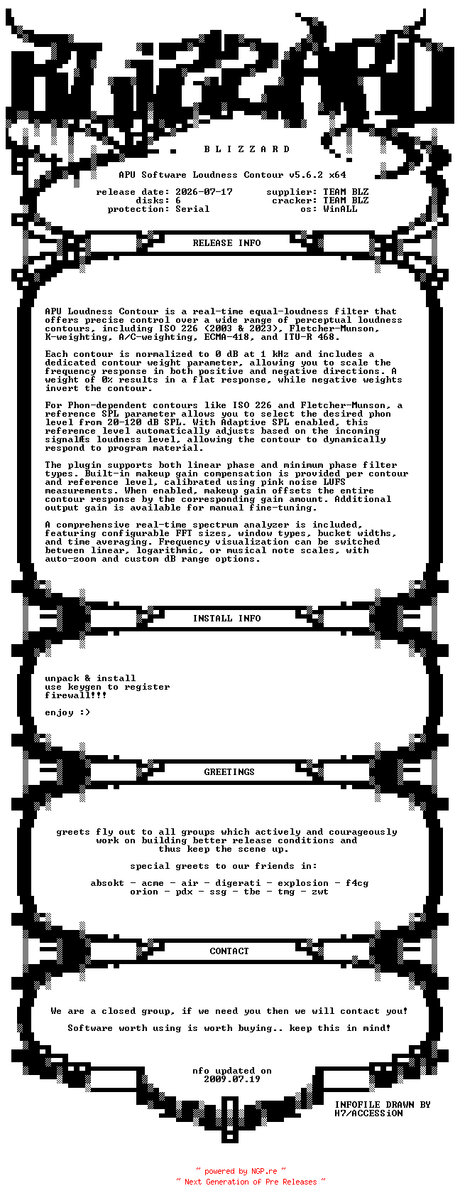 NFO for the release APU.Software.Loudness.Contour.v5.6.2.x64.WinALL.Incl.Keygen-BLiZZARD by BLiZZARD