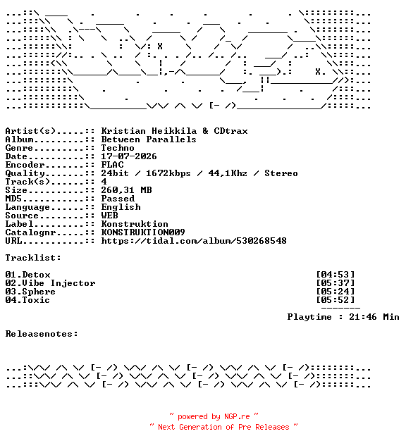 NFO for the release Kristian_Heikkila_And_CDtrax-Between_Parallels-KONSTRUKTION009-24BIT-WEB-FLAC-2026-WAVED by WAVED