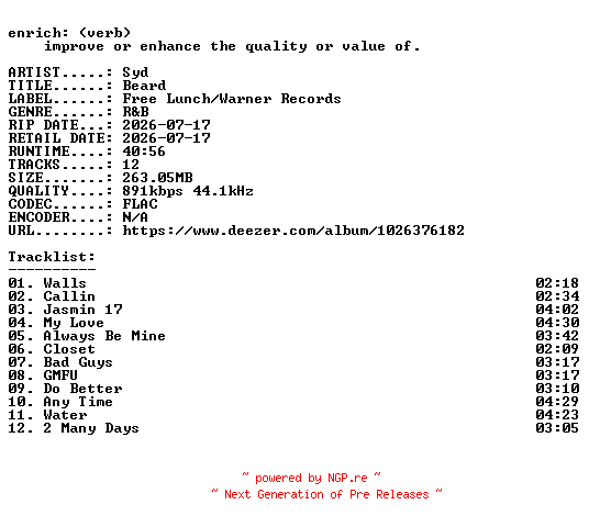 NFO for the release Syd-Beard-16BIT-WEB-FLAC-2026-ENRiCH by ENRiCH