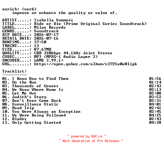 NFO for the release Isabella_Summers-Ride_or_Die_(Prime_Original_Series_Soundtrack)-OST-WEB-2026-ENRiCH by ENRiCH