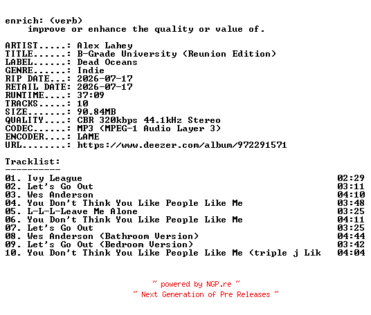 NFO for the release Alex_Lahey-B-Grade_University_(Reunion_Edition)-WEB-2026-ENRiCH by ENRiCH