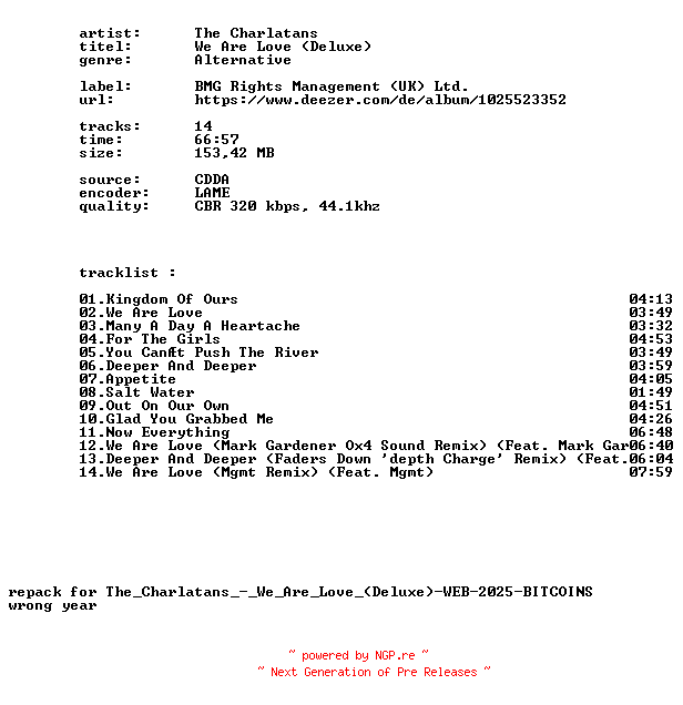 NFO for the release The_Charlatans_-_We_Are_Love_(Deluxe)-REPACK-2026-BITCOINS by BITCOINS