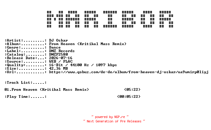 NFO for the release DJ_Oskar-From_Heaven_(Kritikal_Mass_Remix)-(DNZF2580)-SINGLE-16BIT-WEB-FLAC-2026-MARiBOR by MARiBOR