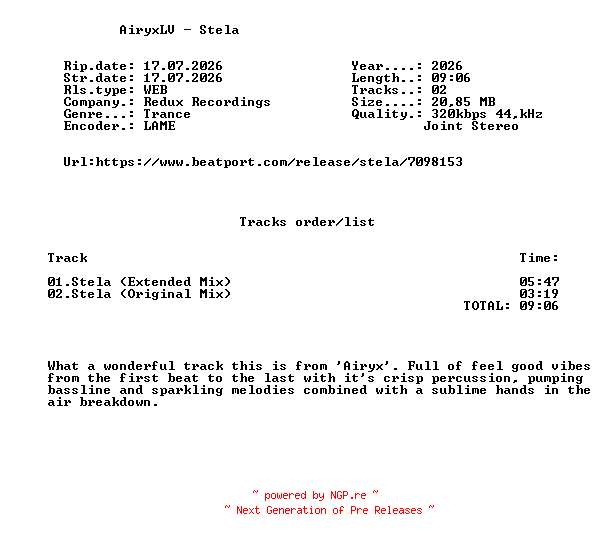 NFO for the release AiryxLV_-_Stela-(RDX705)-WEB-2026-FMC by FMC