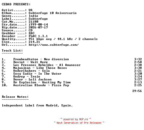 NFO for the release VA-Subterfuge_10_Aniversario-(21180)-ES-CD-FLAC-1999-CEBAD by CEBAD