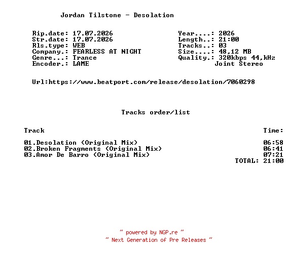 NFO for the release Jordan_Tilstone_-_Desolation-(FAN001DL)-WEB-2026-FMC by FMC
