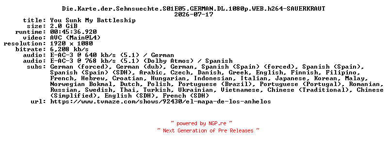 NFO for the release Die.Karte.der.Sehnsuechte.S01E05.GERMAN.DL.1080p.WEB.h264-SAUERKRAUT by SAUERKRAUT