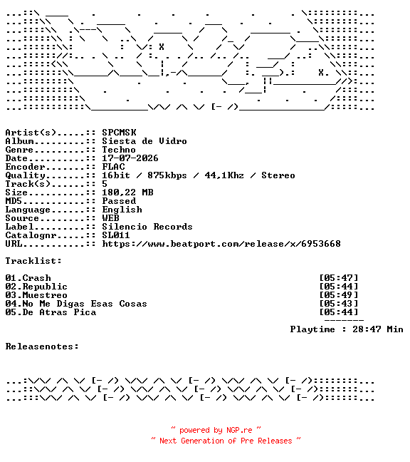 NFO for the release SPCMSK-Siesta_De_Vidro-SL011-16BIT-WEB-FLAC-2026-WAVED by WAVED
