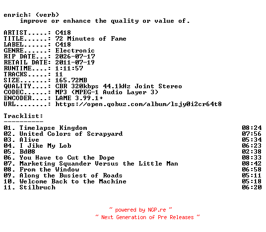 NFO for the release C418-72_Minutes_of_Fame-WEB-2011-ENRiCH by ENRiCH