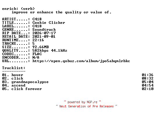 NFO for the release C418-Cookie_Clicker-OST-EP-16BIT-WEB-FLAC-2021-ENRiCH by ENRiCH