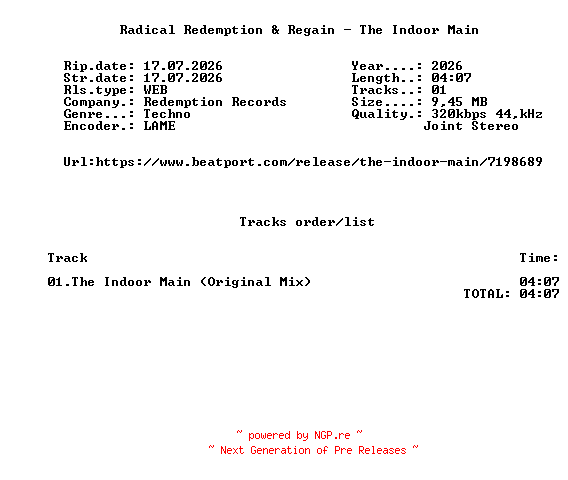 NFO for the release Radical_Redemption_And_Regain_-_The_Indoor_Main-(RR030)-SINGLE-WEB-2026-FMC by FMC