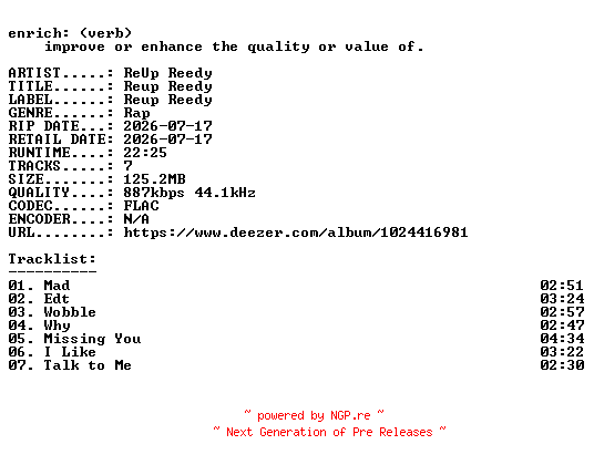 NFO for the release ReUp_Reedy-Reup_Reedy-EP-16BIT-WEB-FLAC-2026-ENRiCH by ENRiCH