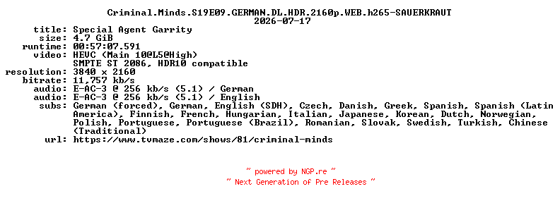 NFO for the release Criminal.Minds.S19E09.GERMAN.DL.HDR.2160p.WEB.h265-SAUERKRAUT by SAUERKRAUT