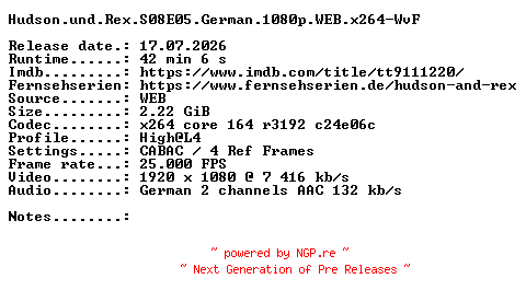 NFO for the release Hudson.und.Rex.S08E05.German.1080p.WEB.x264-WvF by WvF